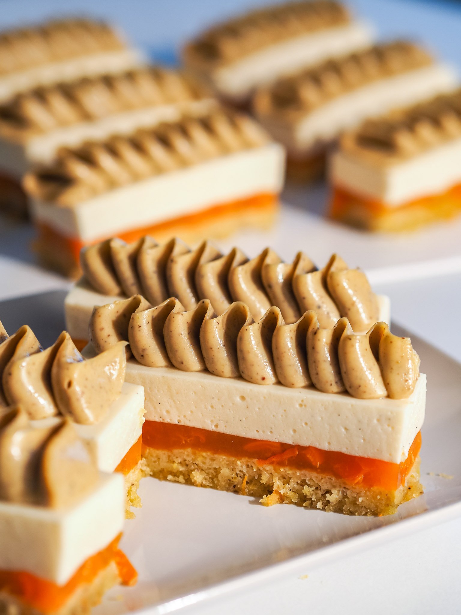 Pistachio, apricot, and vanilla entremet